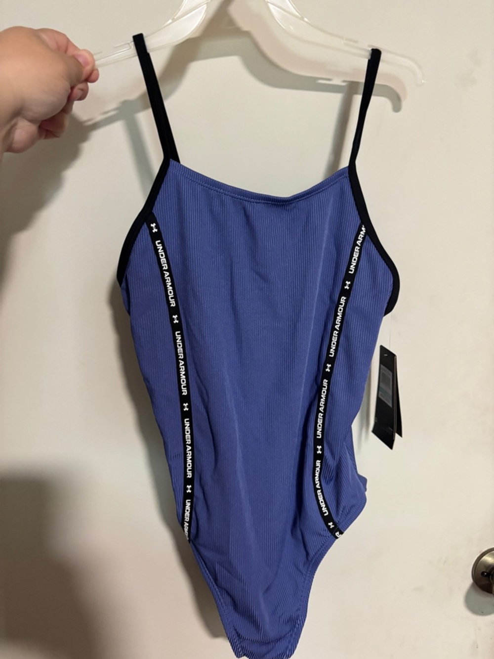 NWT Under Armour Purple-Blue Ribbed Logo-Trim One-Piece Swimsuit